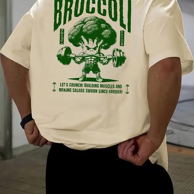 TEMU Men's Loose Fit Short Sleeve T-shirt - Breathable Polyester Casual Summer Tee With Broccoli Graphic Print & Humorous Slogan, Small Round Neck For Outdoor Activities Image