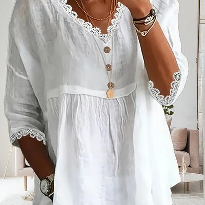 TEMU Women's Casual V-neck Lace Sleeveless Blouse - White With Button Details, Summer, Casual Attire|lace Trim Shirt|vneckline Shirt Image