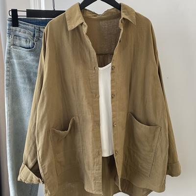 TEMU Women's Vintage-inspired Double-bodied Double-pocket Solid Color Blouse - Lightweight Button-up Shirt For Spring & Fall Image