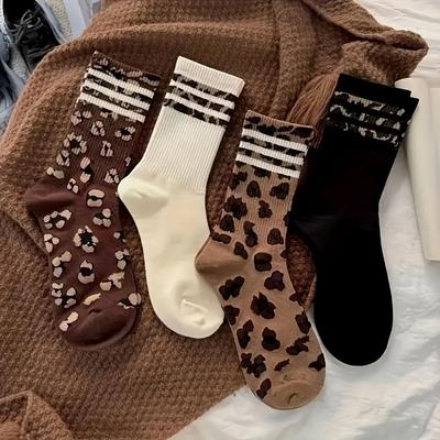 TEMU 4 Pairs Women's Fashionable Knee-high Socks - Stylish Striped Leopard Print, Soft Polyester Blend, Comfortable For Casual & Sporty Wear, Casual Wear Socks | Trendy Sock Design | Knit Texture Image