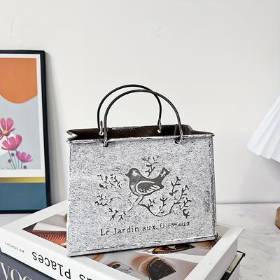 "TEMU 1pc Handbag Planter With Rustic Bird & - " Aux Oiseaux" Inspired, Rust-resistant Indoor/outdoor Decorative Vase For Home, Garden, Or Office, Bird Decor" Image