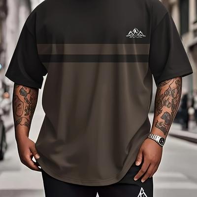 TEMU Men's Plus Size Casual T-shirt With 3d Stripes - Lightweight Comfortable Polyester, Machine Washable, Loose Fit For Summer, Breathable Round Neck Tee, Plus Size Image