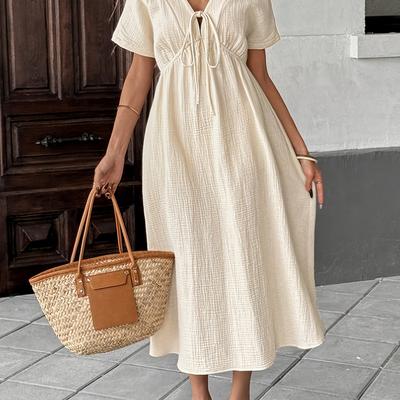 TEMU Women's Bohemian V-neck Short Sleeve Dress - Lightweight Beige A-line Summer Dress With Side Pockets, Machine Washable Casual Beach Vacation Dress For Spring/summer, Beach Dress Image