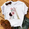 Frauen T Shirt Benutzerdefinierte Name Brief Kombination Drucken T-shirt Blume Brief Schrift A B C D E F G Kurzarm Weibliche Tops Tees
