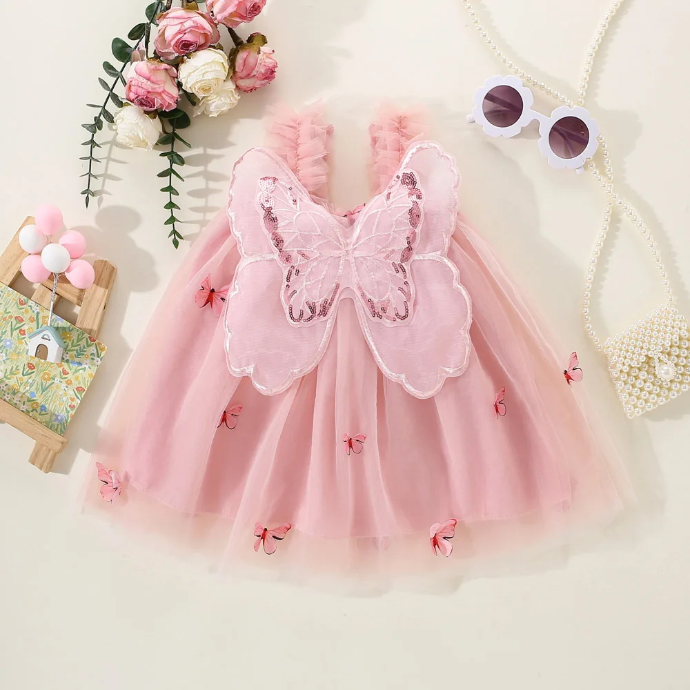 Sommer Neue Mädchen Kleid Süße Hängenden Riemen Schmetterling Mesh Nette Zurück Schmetterling Flügel Mesh Kleid Prinzessin Kleid Geeignet für 0-3 Image