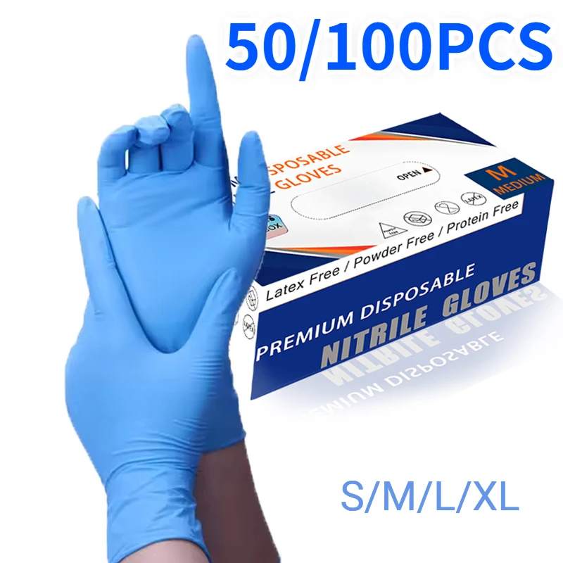 50/100PCS Blaue Nitril Handschuhe Einweg Wasserdichte Blaue Handschuhe Küche Geschirr Haustier Baden Schönheit Haar Styling Werkzeuge Image