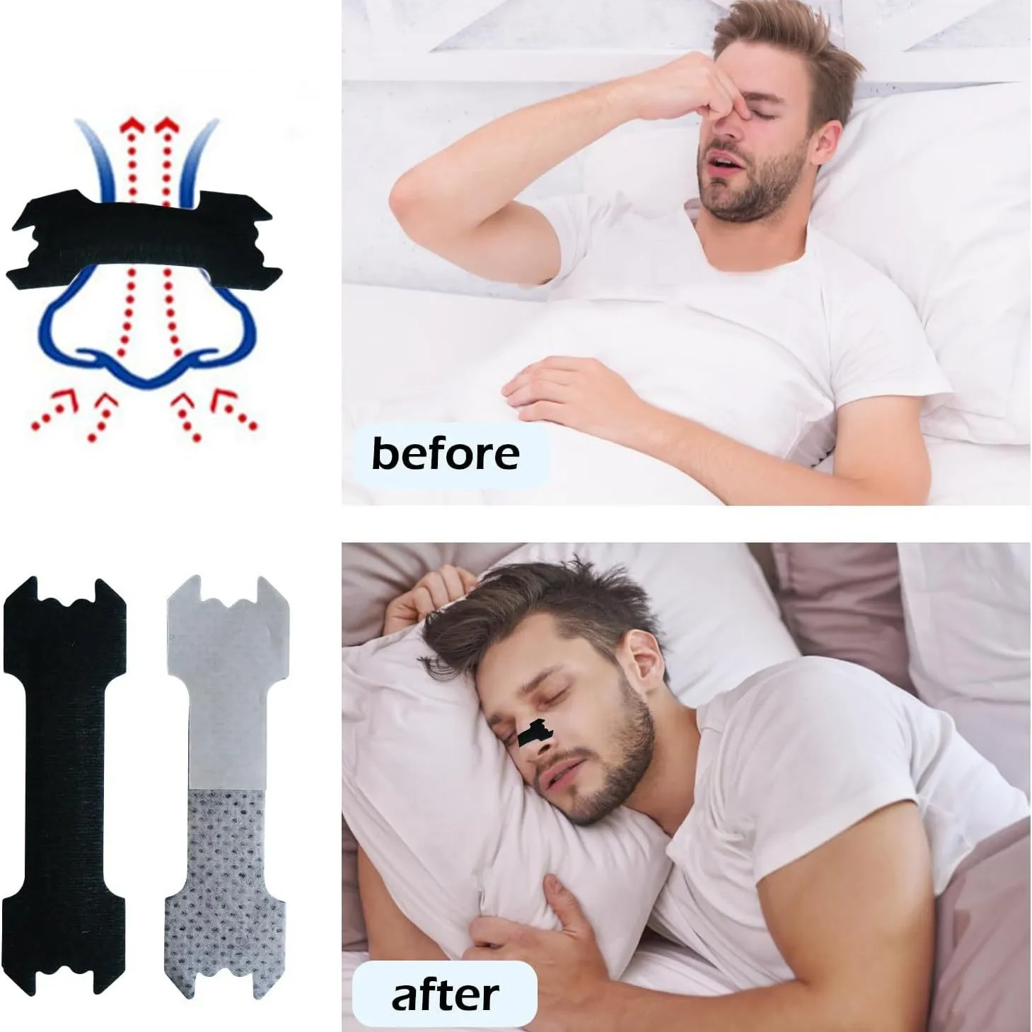 Atem-Nasenstreifen, extra starke Nasenstreifen für Erwachsene und Kinder, besser atmen den Schlaf, nicht-invasives Anti-Schnarch-Pflaster Image