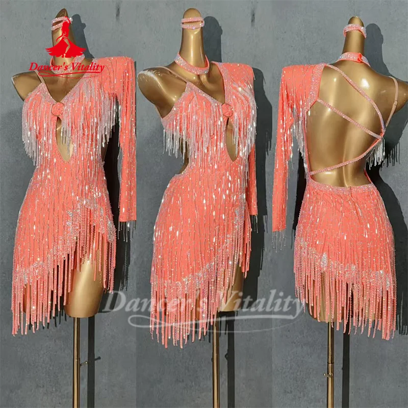 Latein-Tanz-Fransenkleid für Erwachsene und Kinder, maßgeschneidertes Tango-Chacha-Samba-Performance-Kostüm, lateinamerikanische Wettbewerbskleidung Image