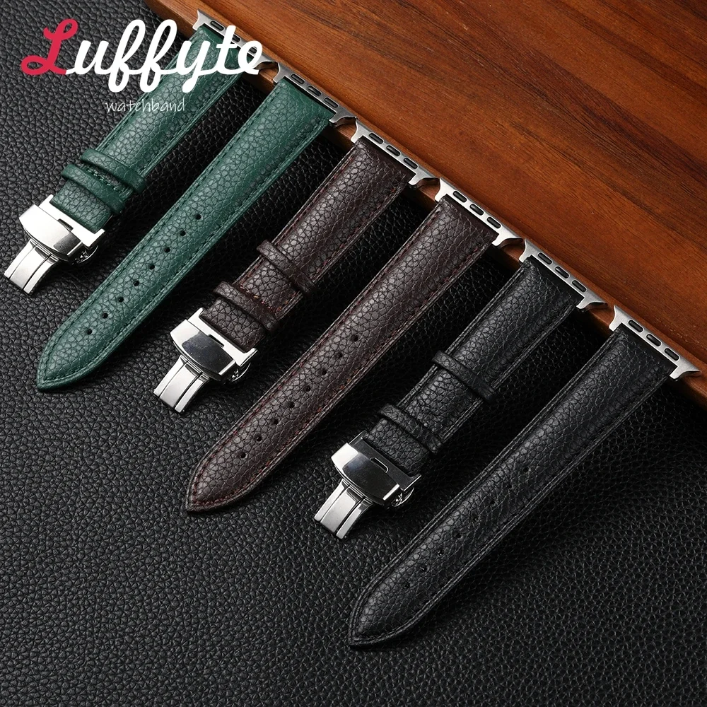 Watchband for Apple Watch 1-10 Ultra SE 2 Lichee Pattern Leather Strap for IWatch 38/40/41/42/44/45/46/49mm Wristband Image