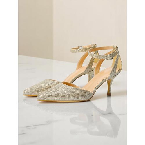 Women's Gold Glitter Ankle Strap Heels, Pointed Toe Dress Shoes for Cocktail Party and Formal Events