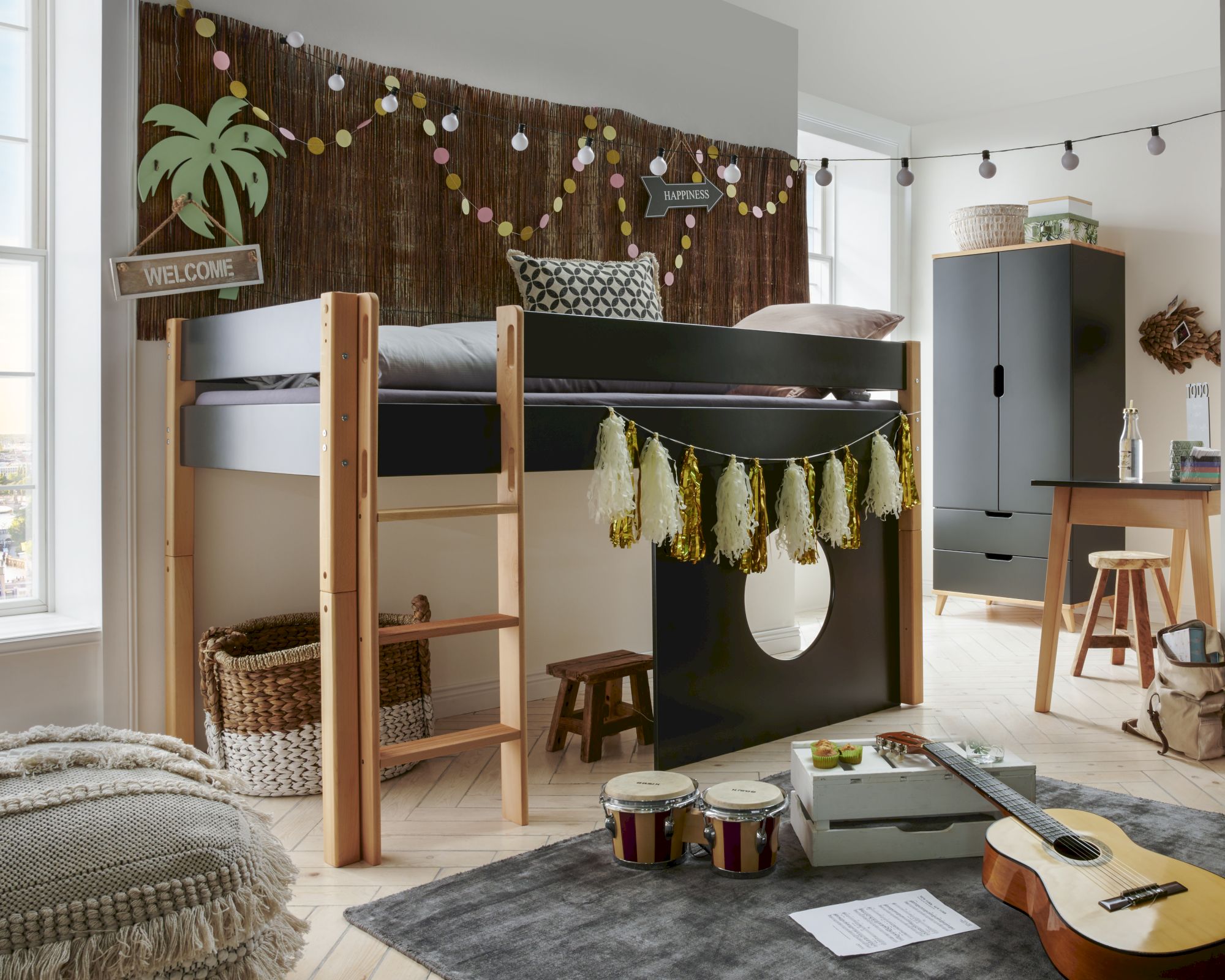 INFANSKIDS »Infanscolor« Kinderzimmer Halbhochbett anthrazit – erhältlich in 2 Größen