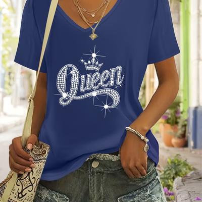 "TEMU Women' Crown Print V-neck T-shirt - Black Casual Short Sleeve Top With Glittering "queen" Design, Outfits, Casual Summer Top | Stylish Casualwear | Shirt" Image