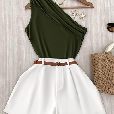 TEMU Green Off-shoulder Tank Top And Loose Wide-leg Shorts Set For Women, Belt Not Included Image