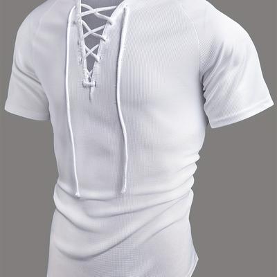 TEMU Men's Summer Casual V-neck Henley Shirt - Short Sleeve, Lightweight Knit Fabric, Solid Color With Front Lace-up Detail, Ideal For Casual Attire, Summer Henley Shir Image