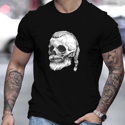 TEMU Men's Skull Graphic T-shirt - Norse Warrior Print Short Sleeve Tee, Black & White Casual Top, Regular -season , Machine Washable Image