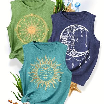 TEMU 3pcs Sister Set Sun And Printed Fashionable Spring/autumn Casual Longline V-neck Vest In Multiple Colors, Sizes S-xxl Image