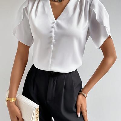 TEMU Women's Puff Sleeve V-neck Top, Short-sleeve Blouse Image