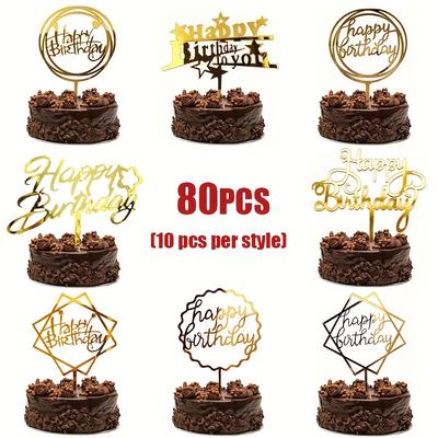 TEMU 80pcs Happy Birthday Acrylic Cake Tops, Different Styles Cake Golden Glitter Toppers Decorations, Party Supplies, Modern Alphabet Shapecreative Baking Supplies, Birthday Party Decoration Gifts Image