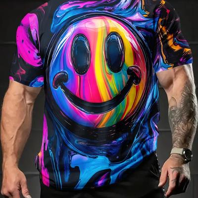 TEMU Men's Vibrant Rainbow Face T-shirt - Casual Summer Short Sleeve Tee With Colorful Artistic Print, For Everyday & Weekend Wear, Everyday Tshirt | Graphic Tee | Shirt Image