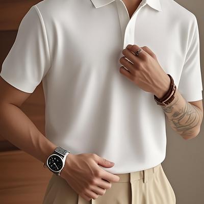 TEMU Men' Solid Color Short Sleeve T-shirt - Casual Summer Collar, , Lightweight Fabric For Casual Attire Image