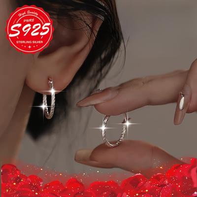 TEMU Stylish S925 Pure Silvery Earrings, Weight About 1.6g, Twisted Round , Suitable For And Parties, Day Gift, Worn In All Image