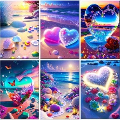 TEMU 6pcs Set 30*40cm/12*16inch 5d Diy Beach Scene Full Diamond Painting Kit, Suitable For Adult Beginners, Pattern Living Wall Decor And Gifts Image