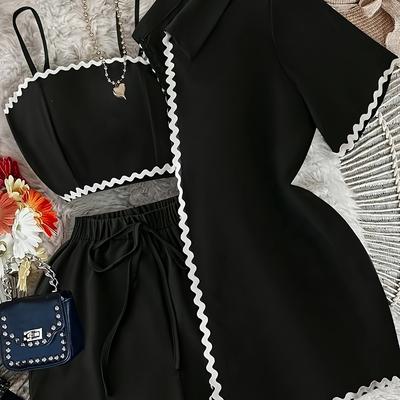 TEMU Circle Circle Elegant Special 2025 Spring And Summer New 3pcs Women's Wave Strap Top And Shorts Set With Short Sleeve Jacket, Vest And Shorts Image