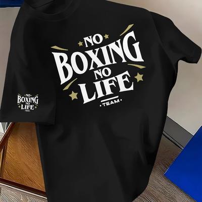 "TEMU Men's Casual Boxing Graphic T-shirt - "no Boxing " Teamwork Print, Black Short Sleeve Crewneck, Summer Fashion Essential, Polyester Blend, Machine Washable" Image