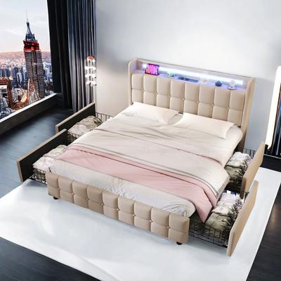 TEMU Upholstered Bed With Drawers, 180 X 200 Cm King Size Bed Frame, Double Bed, Linen Fabric, With Metal Frame And Mdf Slats, Beige, Without Mattress Image
