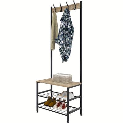 TEMU Wardrobe Stand, Coat Rack With Shoe Storage, Shoe Rack With Seating Area, For Hallway, With Hooks, 3 Shelves, Made Of Metal, Height 175 Cm, Image