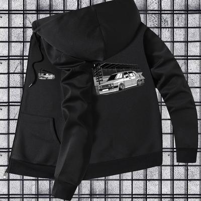 TEMU Men's Vintage Car Print Hooded Jacket - Slim Fit, Casual Fall/winter Outerwear With Zipper Pockets, Black Retro Style Image