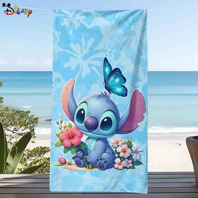TEMU 1pc Stitch And Blue Flower Print Microfiber Beach Towel, , Hand Wash Only, Patterned, Rectangular Shape, 250gsm, Ideal For Beach And Poolside Use, Beach Towel Image