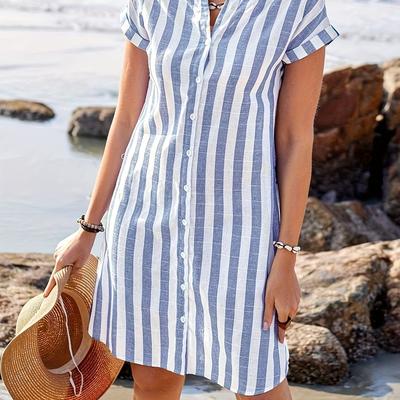TEMU Elegant V-neck Striped Midi Dress With Pockets - Light , Short Sleeve, Button-up, Knee-length For Women - Beach, Vacation, And Casual , Beach Dress Image