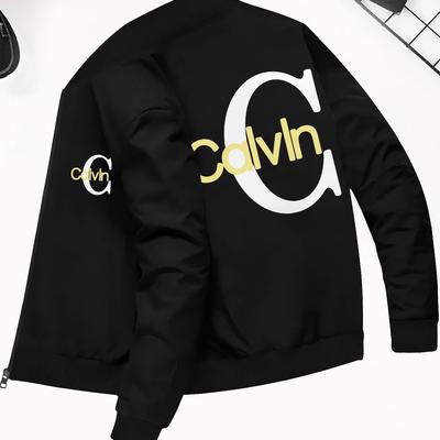 TEMU Calvln Men's Slim-fit With Calvln Logo Print, Navy Blue Zip-up Stand Collar Casual Outdoor Jacket, Machine Washable Autumn Winter Versatile Outerwear Image