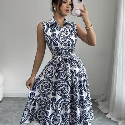 TEMU Print Shirt Dress With Belt - Button-up Collar, Hem, Machine Washable - Summer Vacations Image