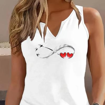 TEMU Women's Sleeveless V-neck Tank Top - Casual White Blouse With Heart & Arrow Graphic, , Ladies Tank Tops Image