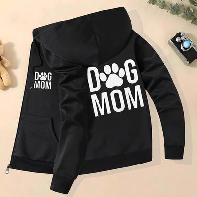 TEMU Dog Mom Print Hoodie Jacket For Men, Casual Fall/, Polyester Knit Fabric, Skinny Fit, Zipper Closure, Pocket Detail, No Lining, Stretch Image