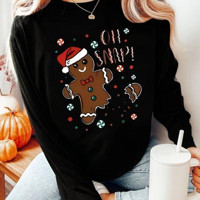 TEMU Plus Size Women's Christmas Gingerbread Man Crew Neck Long Sleeve T-shirt, 100% Polyester, Medium Stretch Fabric, - Holiday Design Tops Image