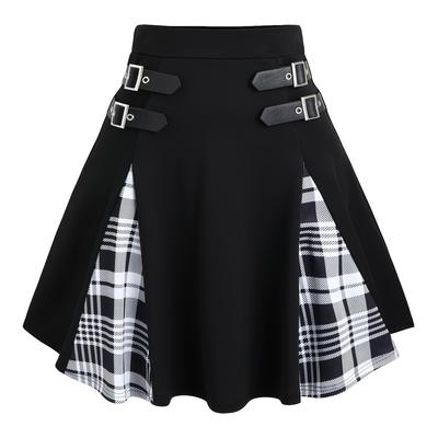 TEMU Women's Gothic A-line Mini Skirt - High-waisted Black & Purple Checkered Skirt With Metallic Buckles, Medium Stretch, Hand Wash Fall/, Winter Apparel, Mediumstretch Material Image