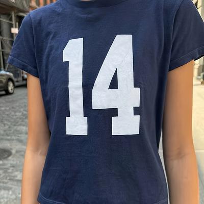 TEMU Women's Casual Short Sleeve T-shirt With '14' Number Print - Navy Contrast, Fabric, Round Neck, Machine Washable, , Sporty Apparel, Relaxed Fashion, Nontransparent Material Image