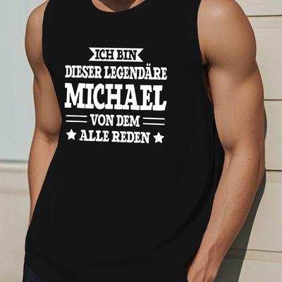TEMU Men's Casual Sleeveless Vest With German Text & Geometric Print - Dark Green Summer Tank Top, Machine Washable Regular Fit Round Neck For Casual Attire, , Lightweight Clothing, , , Adult Clothing Image