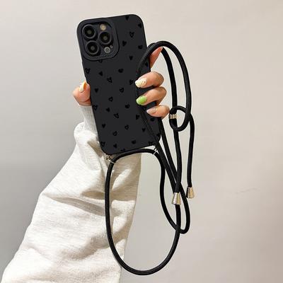 TEMU New Black Heart Pattern Lanyard Phone Case For Iphone 16 15 14 11 Pro Max Xs Xr 7 8 Se2 Se3 Th Image
