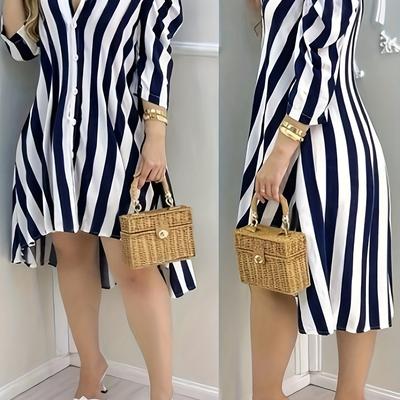 TEMU Women's Elegant Long Sleeve Striped Shirt Dress - Pleated Detail, Button-up Collared Design, Machine Washable, Spring/summer/fall Events Image