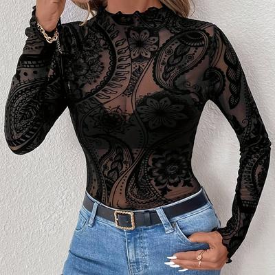 TEMU Women's Elegant Paisley Print Mesh Long Sleeve T-shirt With Hem - Stretchy Polyester-spandex Blend, Semi-sheer Slim For Spring/fall, Machine Washable Image