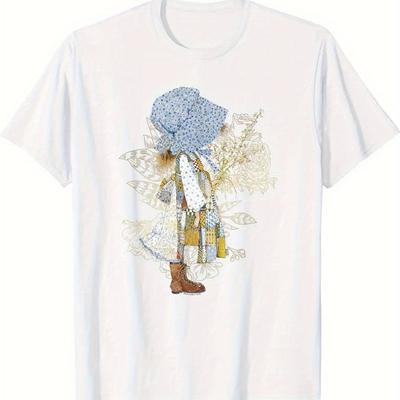 TEMU Vintage Retro T-shirt - Blue Floral & Yellow Dress Print, Round Neck Short Sleeve Tee For Adults, Casual Casual Attire Image
