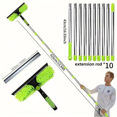 TEMU Window Cleaning Kit, 2-in-1 Washer And Squeegee With Fleece Microfiber Cloth, Stainless Steel Handle, Resin Head, Reaches Up To 196 Feet Without Electricity Image