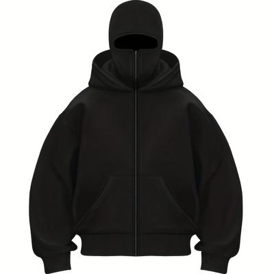 TEMU Men' Color Black Hooded Sweatshirt - Casual Long Sleeve Zip-up With Pockets, Polyester Blend For Spring, Fall, And Winter, Casual Outerwear | Minimalist Hoodie | Hoodie, Sweater Hoodie Image