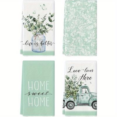 TEMU 4pcs Sage Green Eucalyptus Leaf Kitchen Towels - Soft, Absorbent, Quick-dry Decorative Tea Towels For Farmhouse Style, Cooking & Home Decor, Dish Towels For Kitchen Image