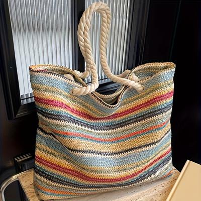 TEMU 's Casual Shoulder Bag | Striped & Floral Pattern | Fabric Tote With Double Rope Handles | Spacious Beach & Vacation Bag | No Printing, Travel Accessories Image