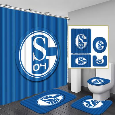 "TEMU High-quality 04 Logo Polyester Shower Curtain - , No Drill, Machine Washable, Blue And White Striped Design With "s" & "h" Characters, Bathroom Decor, Bathroom Accessorie" Image